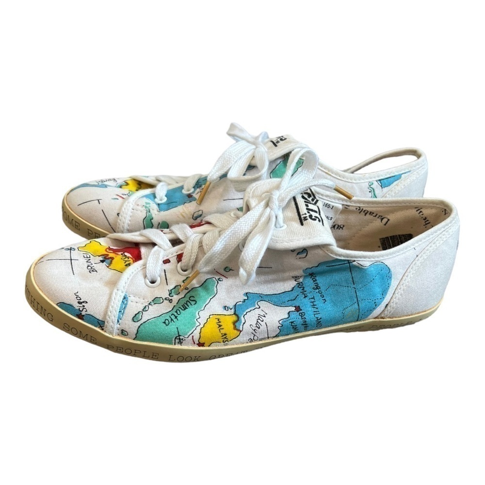 Vintage 80's NO FRILLS Low Top Sneaker Map Graphic Lace Up 6.5 B - Picture 2 of 10